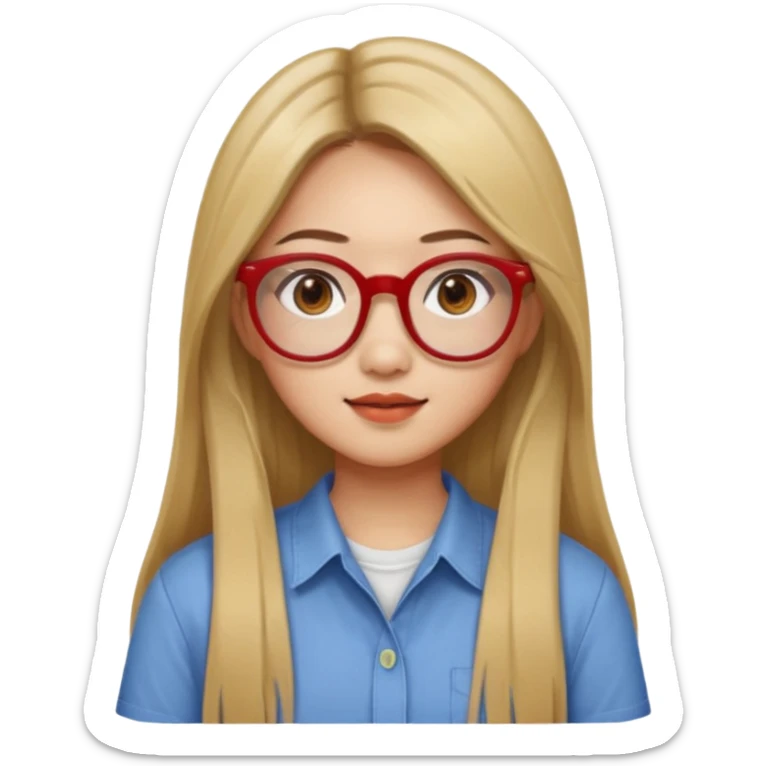 20 yr old asian woman, straight thick long brown hair, blond at tips of dark brown hair, center part to hair, big red glasses, brown eyes, casual shirt sticker