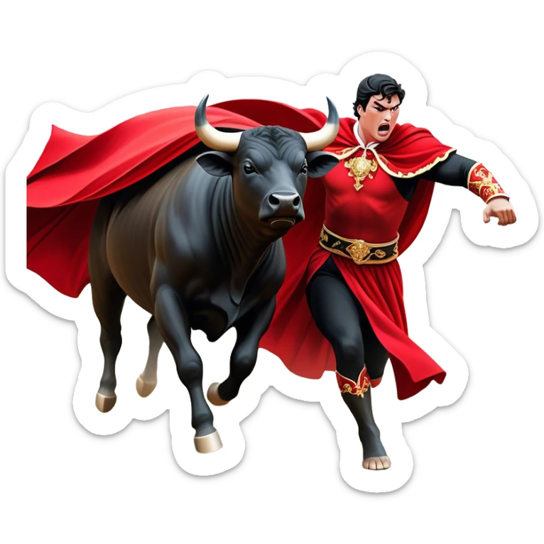 ​Cinematic Realistic black charging bull, against a matador depicted in a flowing red cape, captured in the dramatic moment of confronting a charging bull in a traditional bullring, rendered with dynamic motion and dramatic lighting that encapsulates the intensity and artistry of the spectacle, sticker
