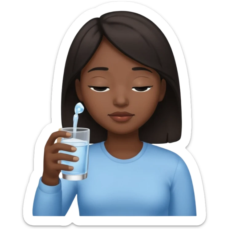 The central figure is an emoji of a person with dark hair, eyes closed, hold a glass but dont show the glass sticker