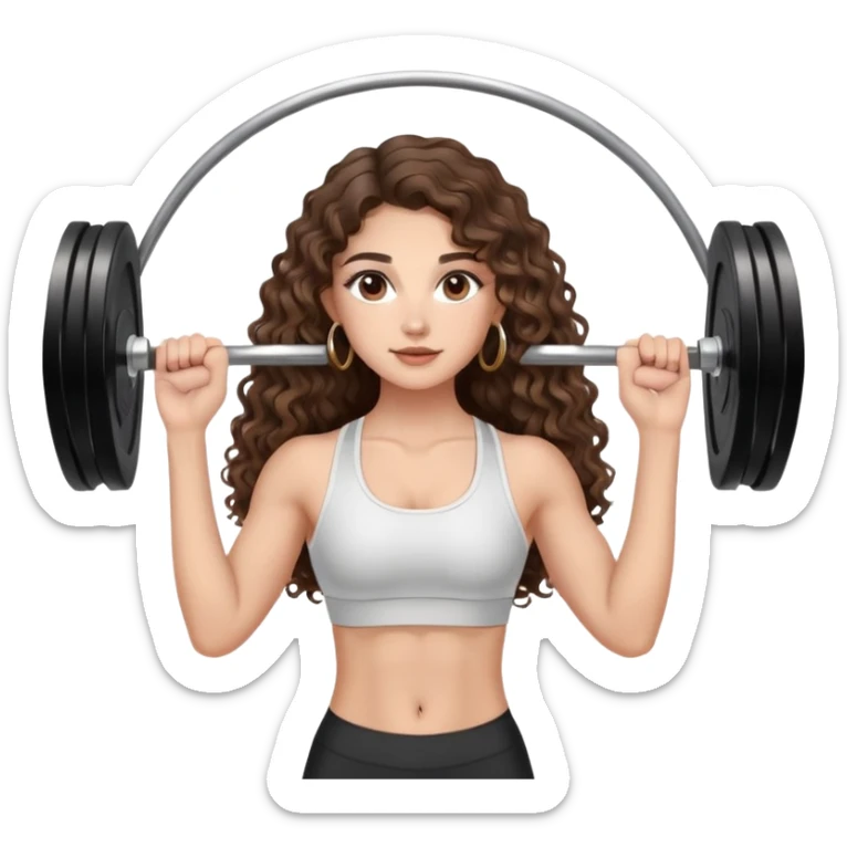 cute girl long brunette balayage curly/wavy not voluminous hair, brown eyes, hoop earrings, natural pretty clean makeup: lifting weights at the gym LONG HAIR sticker