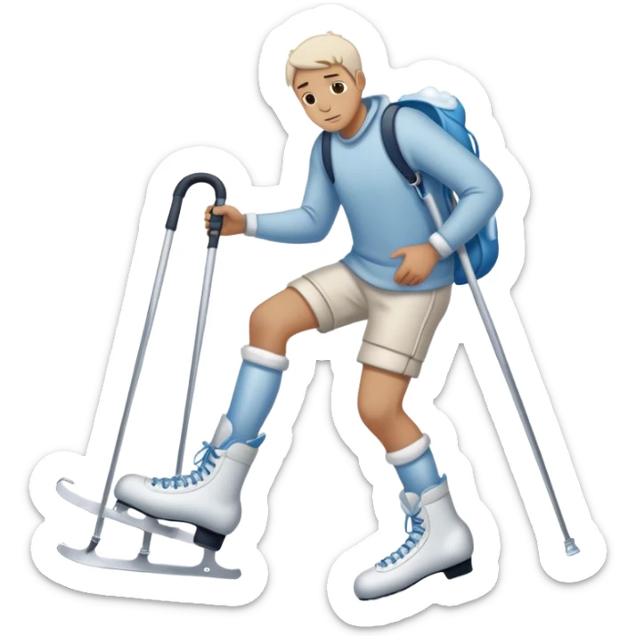 una hombre con el pie lesionado en  muletas con unos patines de hielo en la mano y cara de lesión 
 sticker