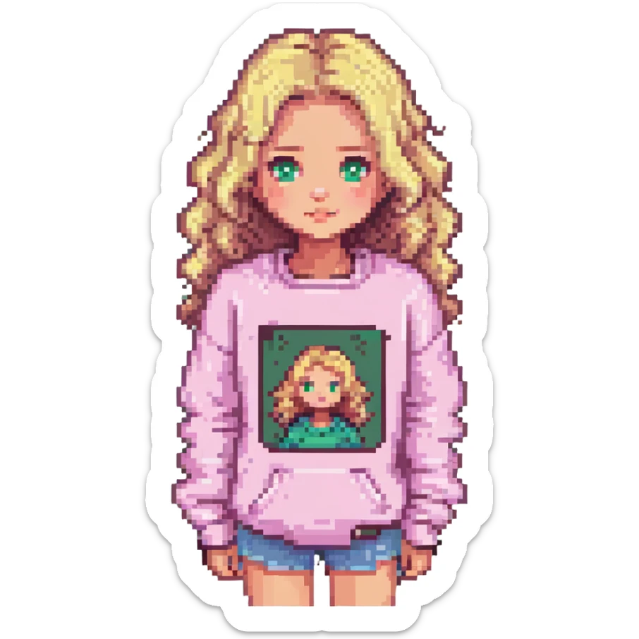 avatar of a girl with blonde wavy hair wearing a pink sweatshirt, pixel art style sticker