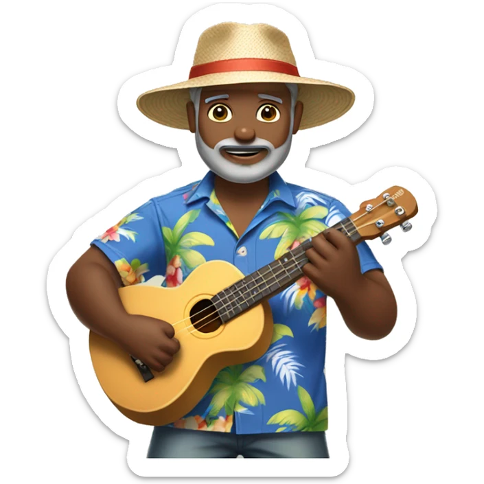 dark-skinned native hawaiian man h playing ukulele age 57 wearing hawaiian shirt shorts beard with baseball cap back small eyes sticker