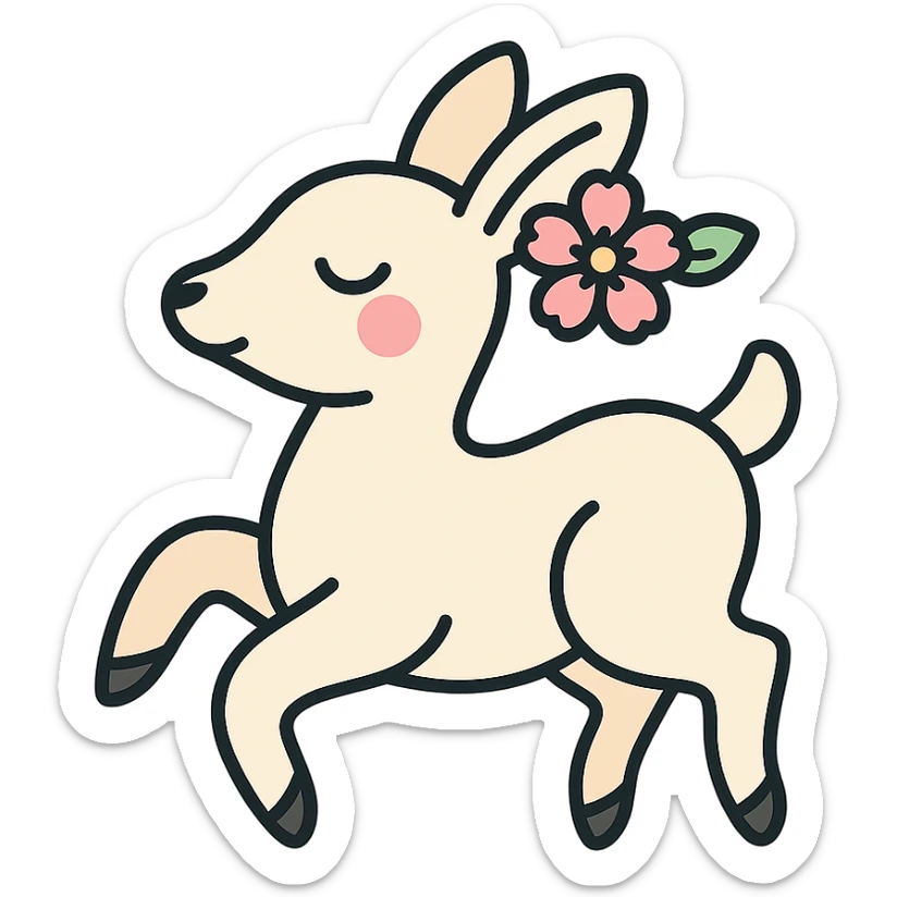 feminine adult vanilla cloud doe with rosy cheeks and cherry flowers, floating gracefully, minimalist style, brand identity, social media sticker