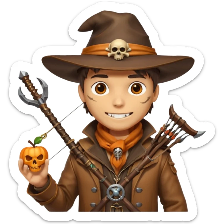 male human monster hunter emoji, wearing brown leather coat and wide hat, holding crossbow, with amulet shaped like skull, Halloween fantasy theme, confident smile, orange scarf, Apple emoji style, clean white background, square image sticker