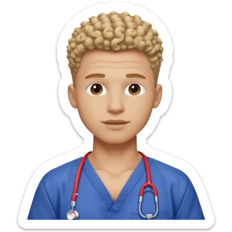 Ripped, athletic man with thick neck, high top fade with no part, curly hair only top only, no shirt and show waistline up add scrubs sticker