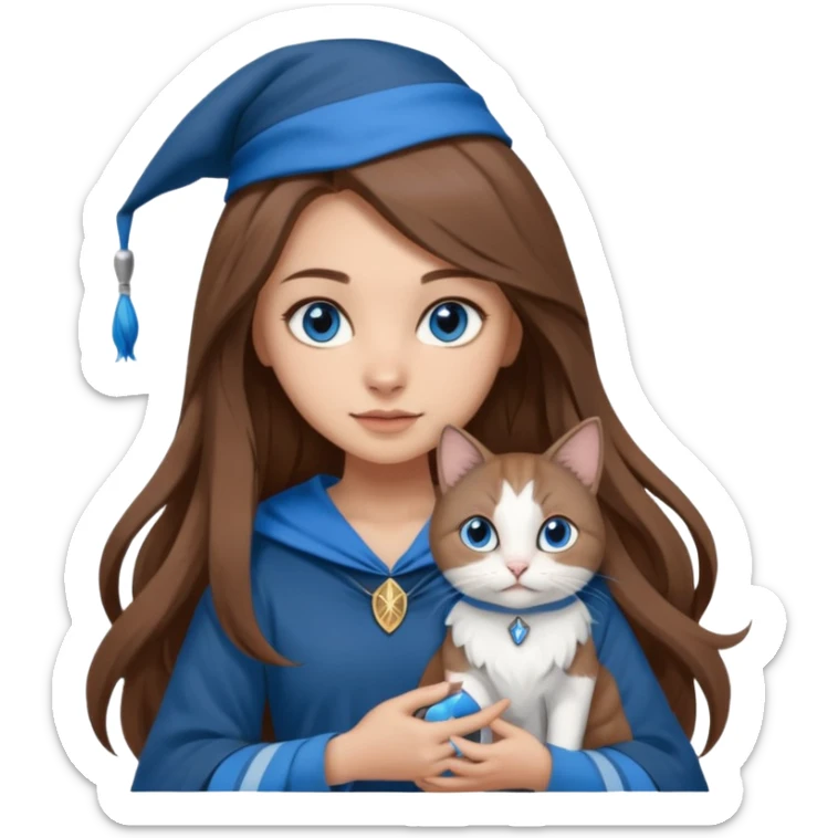 gorgeous Girl with light skin, blue eyes, long brown hair, wears a ravenclaw outfit, with a grey and white cat holding in her arms sticker