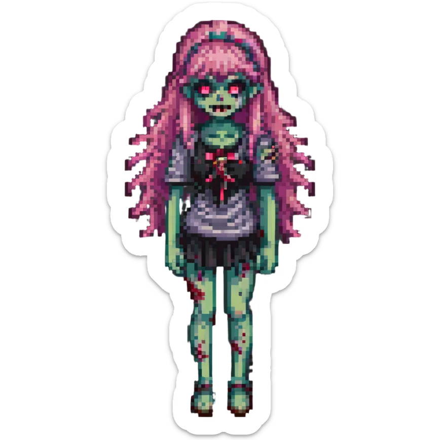 full body girl zombie with pink hair and bangs, pixel art style sticker