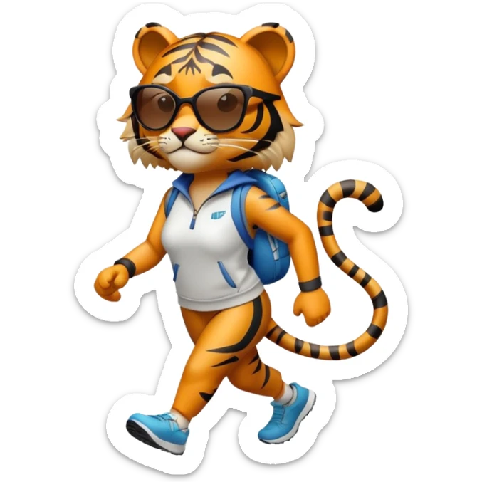 female energetic anthropomorphised tiger in sports clothes, wearing dark sunglasses, walking upright, dynamic pose sticker