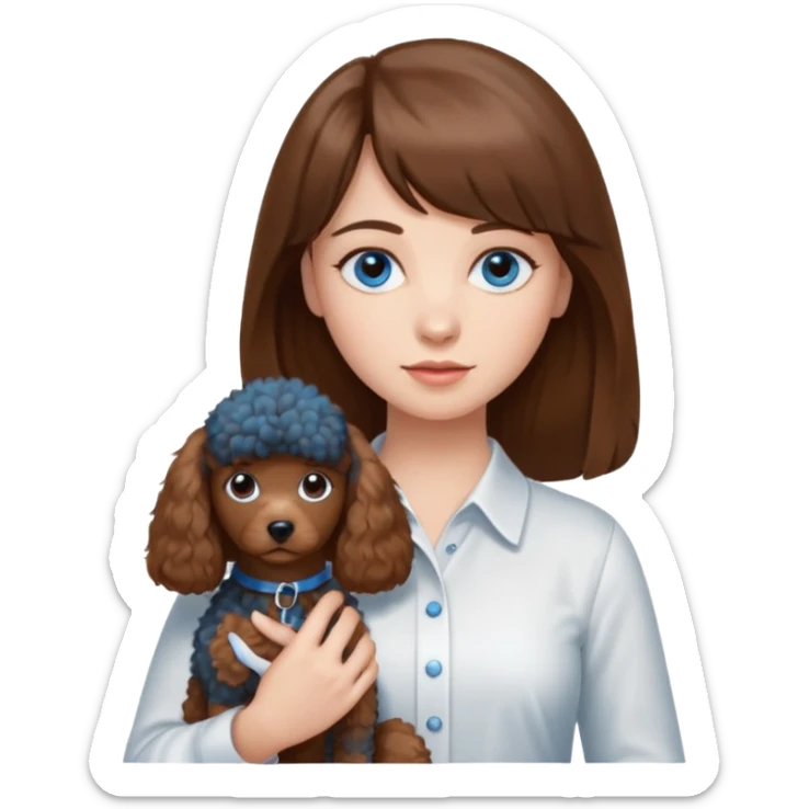 Kobieta z długimi brązowymi włosami, grzywką i niebieskimi oczami. Ubrana jest w białą koszulę. Trzyma na rękach małego brązowego pudelka. sticker