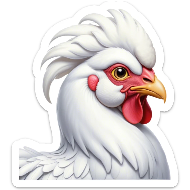 Cinematic Noble White Rooster Portrait Emoji, Poised and regal, with a robust, commanding build and a pristine, well-groomed pure white plumage, deep-set soulful piercing eyes, Simplified yet sharp and sophisticated features, highly detailed, glowing with a soft, dignified glow, high shine, intelligent and proud, stylized with an air of barnyard majesty, focused and attentive, soft glowing outline, capturing the essence of a watchful and confident leader, so majestic it feels as though it could crow out of the screen with effortless authority! sticker