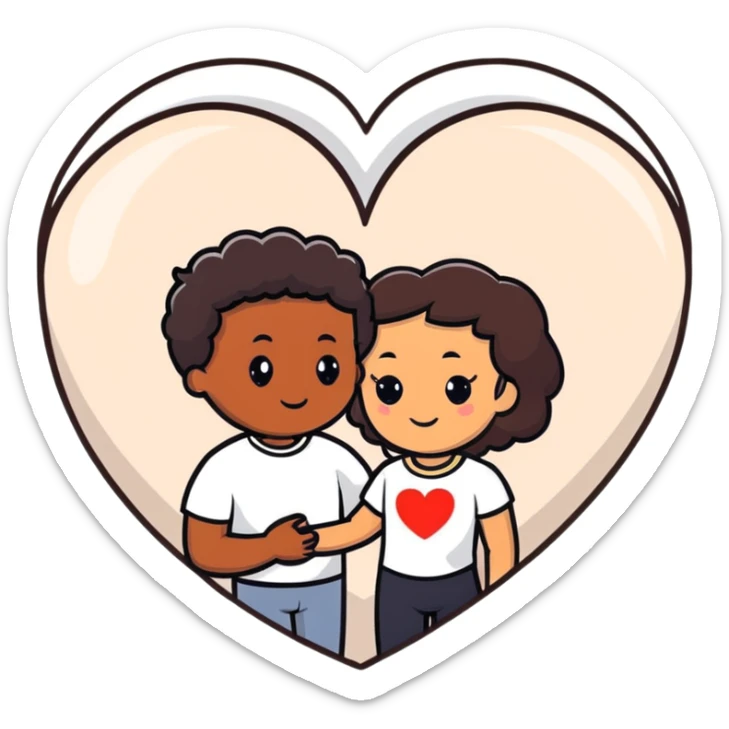 A couple with dark brown hair and mixed skin tone inside a white heart sticker