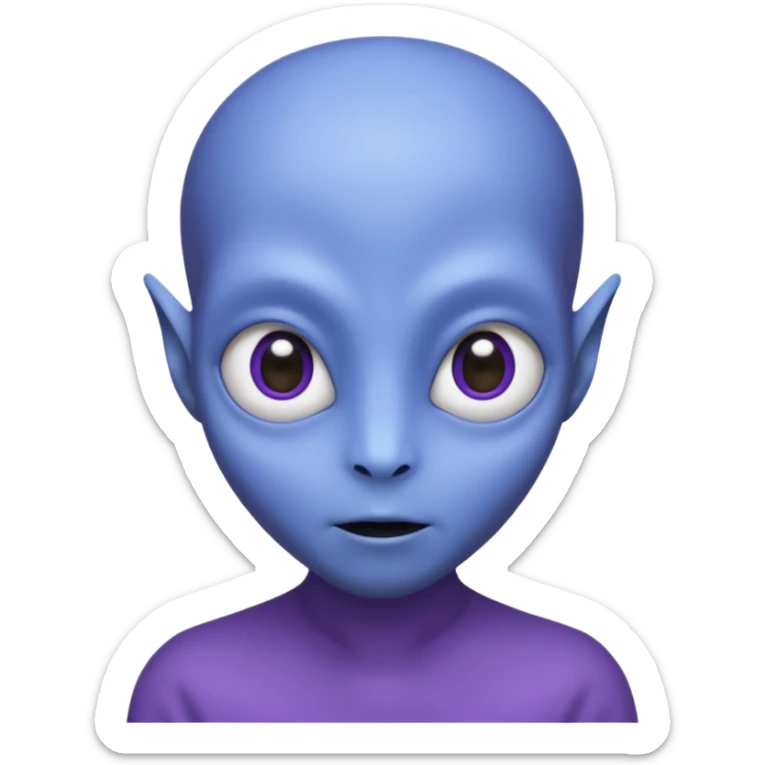 Portrait of an alien with smooth purple-blue skin, large black oval eyes, small nose, and no visible ears, elongated head, front-facing, wearing brown t-shirt, soft glow, simple futuristic design sticker