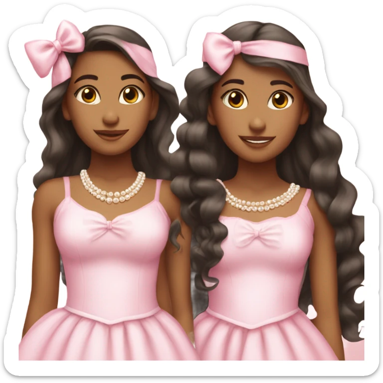 two teenage Latina twins. pink. Long hair. Pink bows. Pearls. Light pink. Diamonds dress. sticker