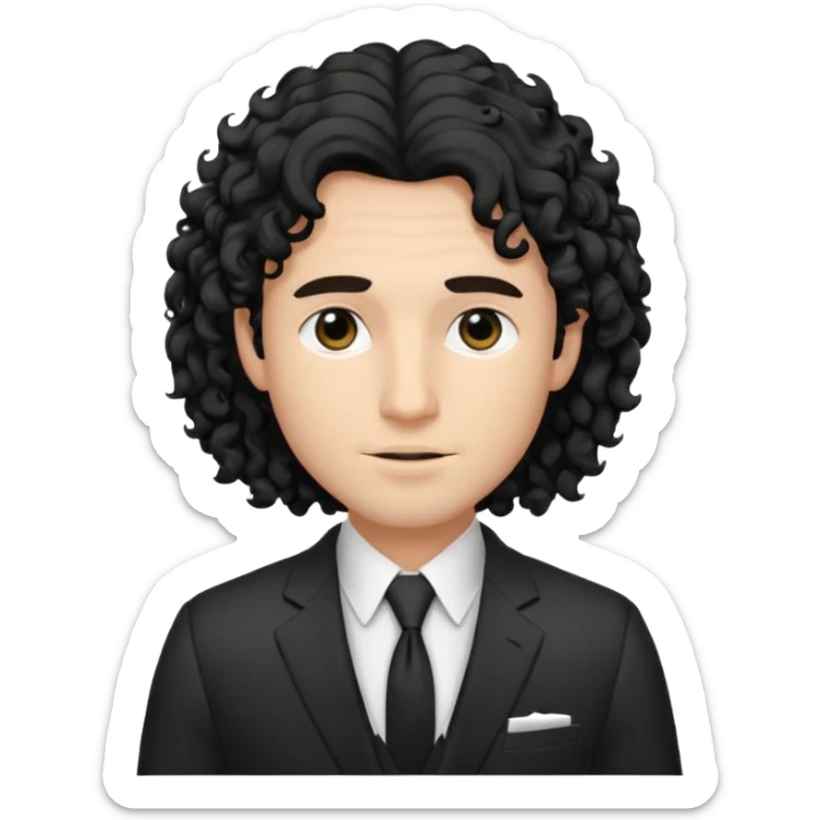 Cockasian guy with black long curly hair thats on his face and black eyes wearing a White simple suit guy  sticker
