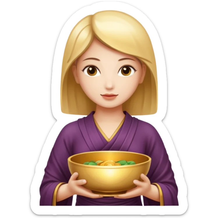 A woman  holds a Buddhist bowl in her hands. There is a glow around the girl. sticker