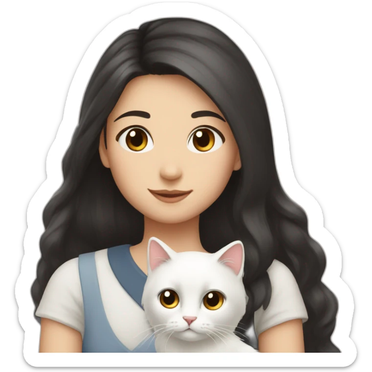 A girl with long dark hair and a white fluffy cat on her left shoulder sticker
