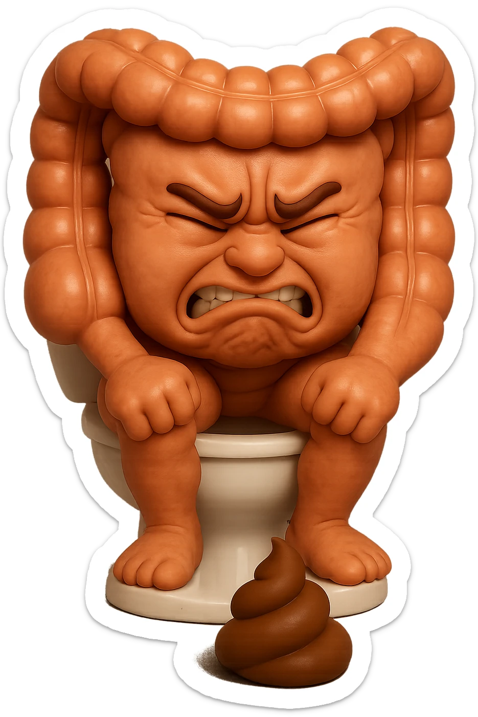 SU QUESTO STILE FAI UN EMOJI STILE IPHONE 3D DI UN INTESTINO CHE sta seduto sul wc e davanti ha una montagnetta di feci a palline stile emoji iphone, fallo senza naso e FAGLI UN ESPRESSIONE di dolore mentre si sforza E FALLO MOLTO REALISTICO IN 3D sticker