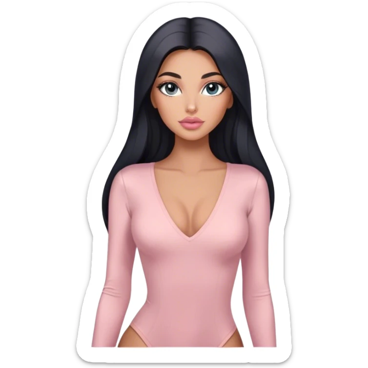 Glamours, tanned, very beautiful girl, with big pump peach-beige-rose lips, long long lashes, black straight smooth silky long hair, straight parting hair, blue-grey eyes in light pink long-sleeves v-neck bodysuit sticker