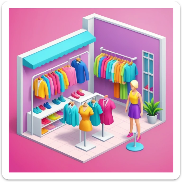 isometric clothing boutique shop with mannequins and colorful clothes sticker