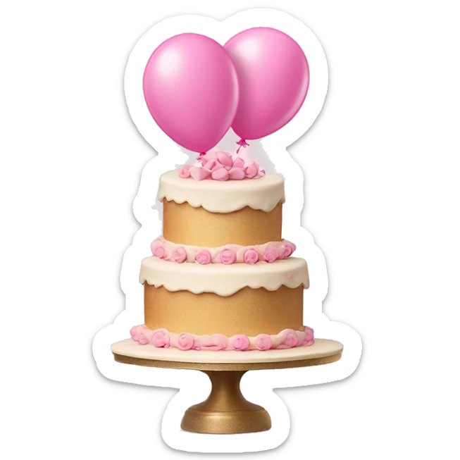 3 tier cake with bows and vintage frosting design  with pink balloons floating in background  sticker