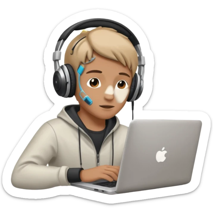 laptop ile çalışan kulaklık tana biri, bilgisayar logosuz olsun sticker