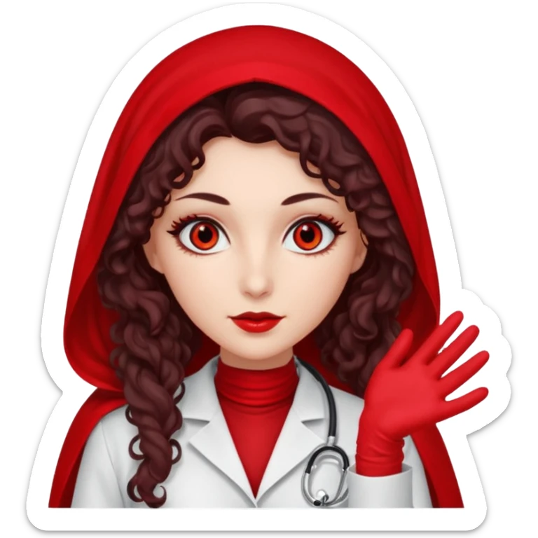 Lilith scalpel in hand, evil surgeon outfit.  She has red eyes. She has dark brown curly hair. Hair is long . Wears sexy doctor outfit with red gloves. Clears, mouth with Muslim red burka sticker