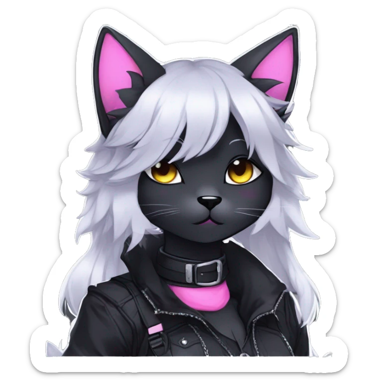 Gorgeous furry gothic dark techwear anime style anthro black cat furry sona Fakemon with blushing face aesthetic and pretty edgy black with collar and harness trending style sticker