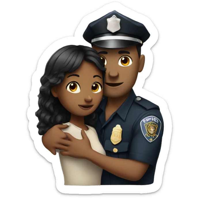 Black hair Woman with fringe hugging to a police officer sticker