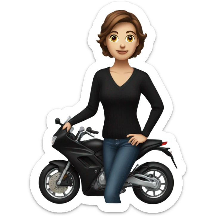 Beautiful woman with short brown hair in black V-neck sweater sitting on motorcycle sticker