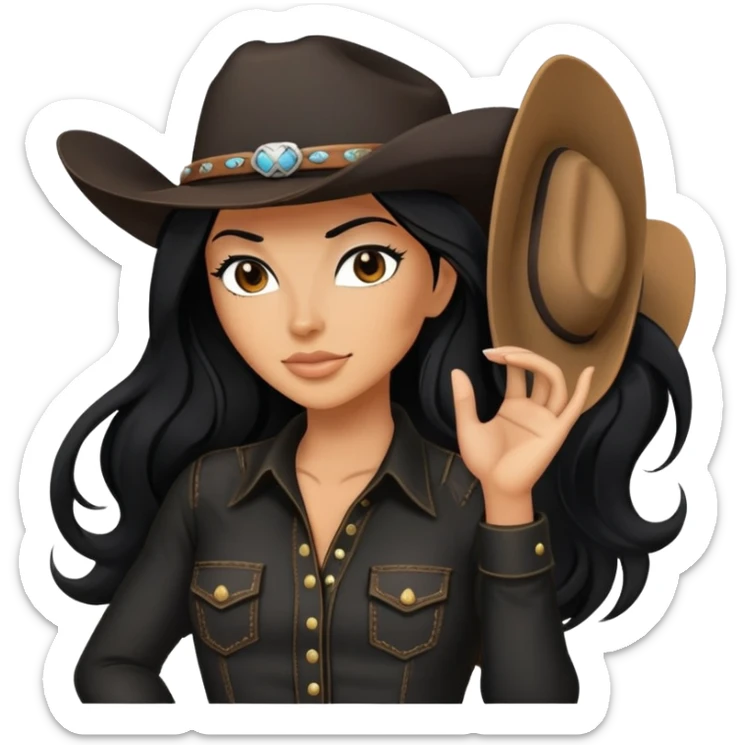 hot tanned woman with long black hair cowgirl style wearing black outfit sticker