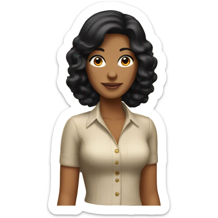 Tanned woman with black hair wearing 1970s style outfit and hair sticker