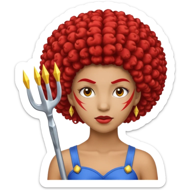 Emoji metisse femboy avec drapeau ukrainien arriere plan, un afro, sourcils rouge, fourche trident, et eclairs sticker