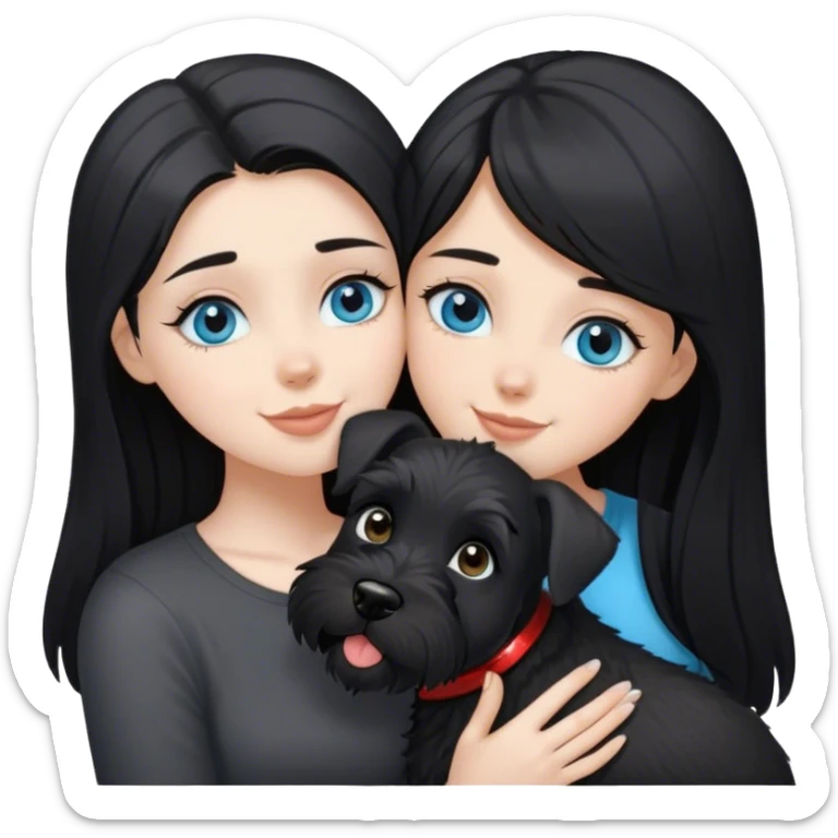 pale girl with light blue eyes and long black hair wearing black shirt kissing schnauzer smiling black schnauzer  sticker
