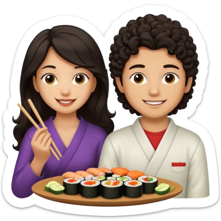 czarnowłosa ksieżniczka w dlugich wlosach je sushi z chłopakiem o czarno brązowych kręconych włosach i są zadowoleni sticker