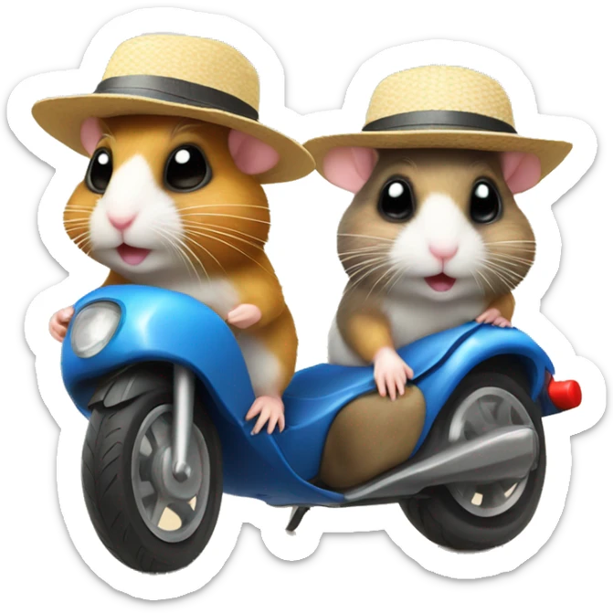 Two hamsters wearing swim shorts and sun hats driving by motorbike on the beach sticker