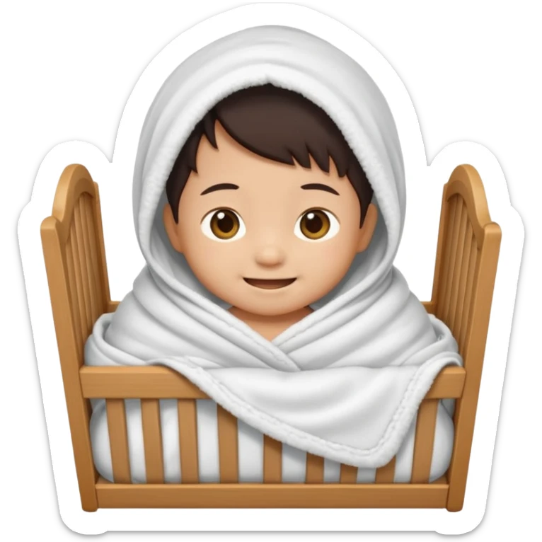smiling Asian infant wrapped in a blanket, wooden crib, emoji style sticker