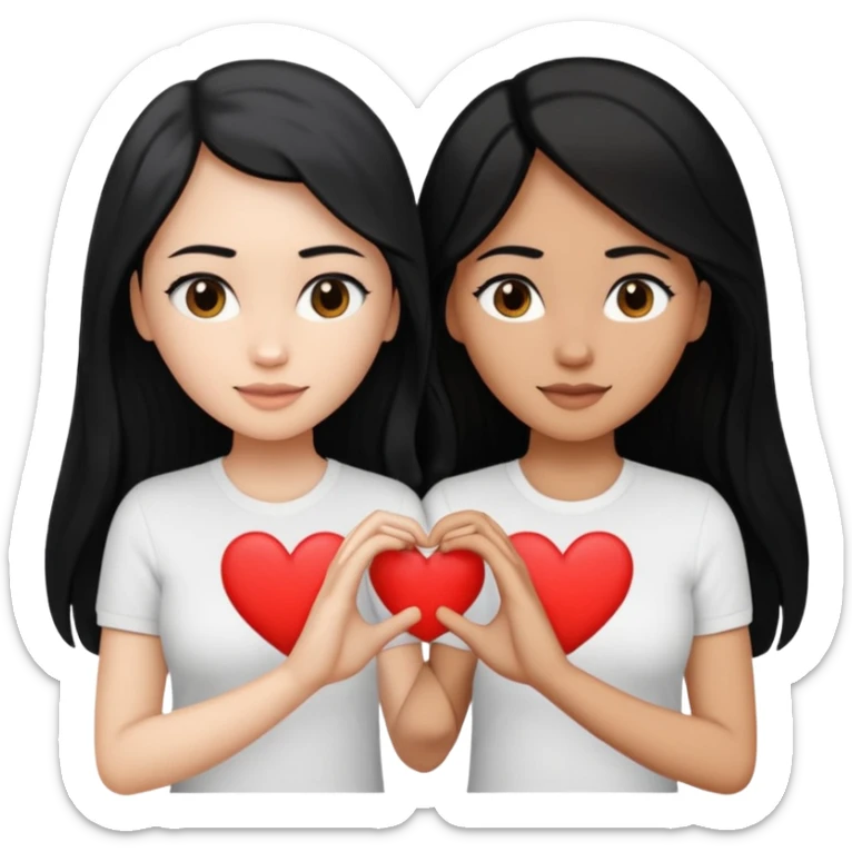 Dos mujeres juntas que una sea de color trigueña y de color blanca, cabello largo negro sea la de piel blanca y la de piel trigueña cabello castaño raya en medio, tengan polo blanco, que haga  una con su mano formando un corazon sticker