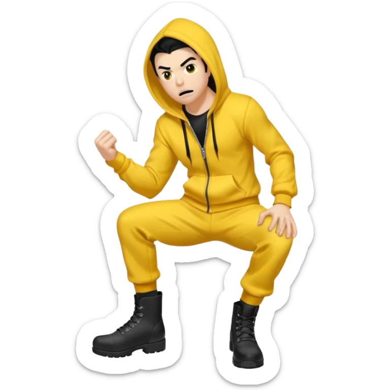 Invincible from the show invincible but whering a yellow hoodie and the mouth covered whering black pants and black boots sticker