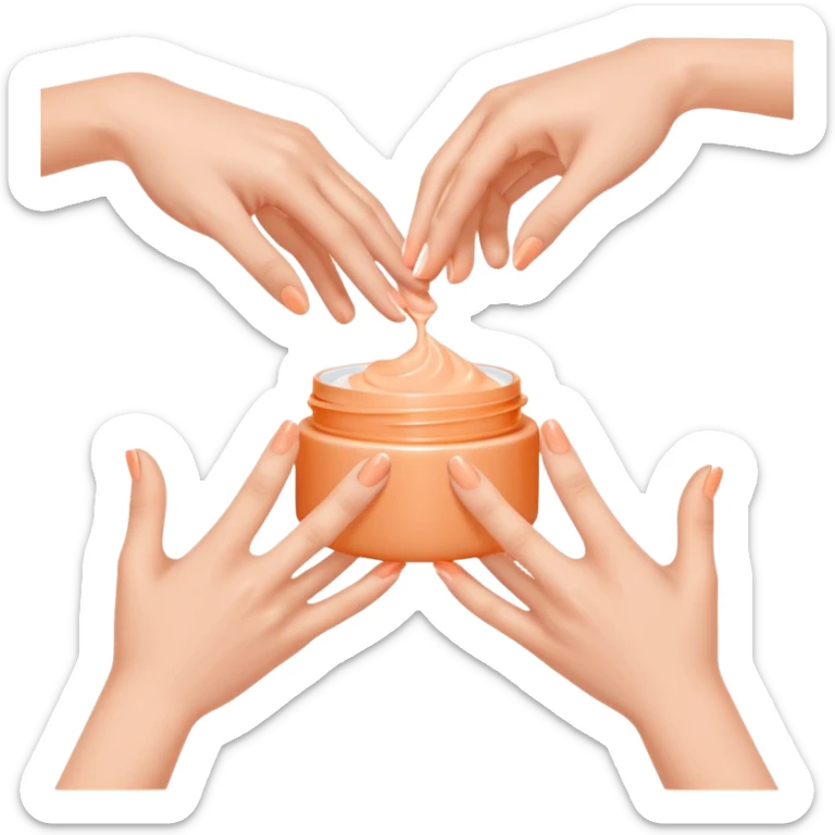 Minimal emoji of 2 hands gently applying skincare cream, soft nude and peach tones, clean beauty aesthetic, calm and elegant, subtle glow sticker