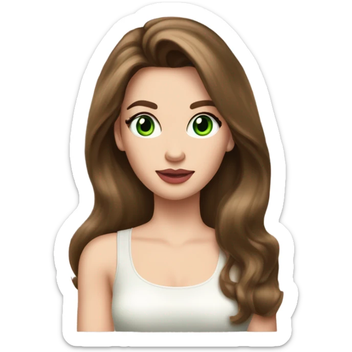 Gorgeous woman, with chestnut brown hair, her hair are a 90s voluminous very long blowout with curtain bangs, she has very green eyes and a white pale skin, she has pink lipstick on and long lashes, she wears a white tank top and  gold earrings sticker