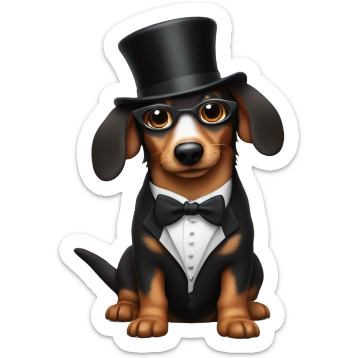 Jerry garcia with a daschund. The daschund is dressed in a tuxedo with a tophat sticker