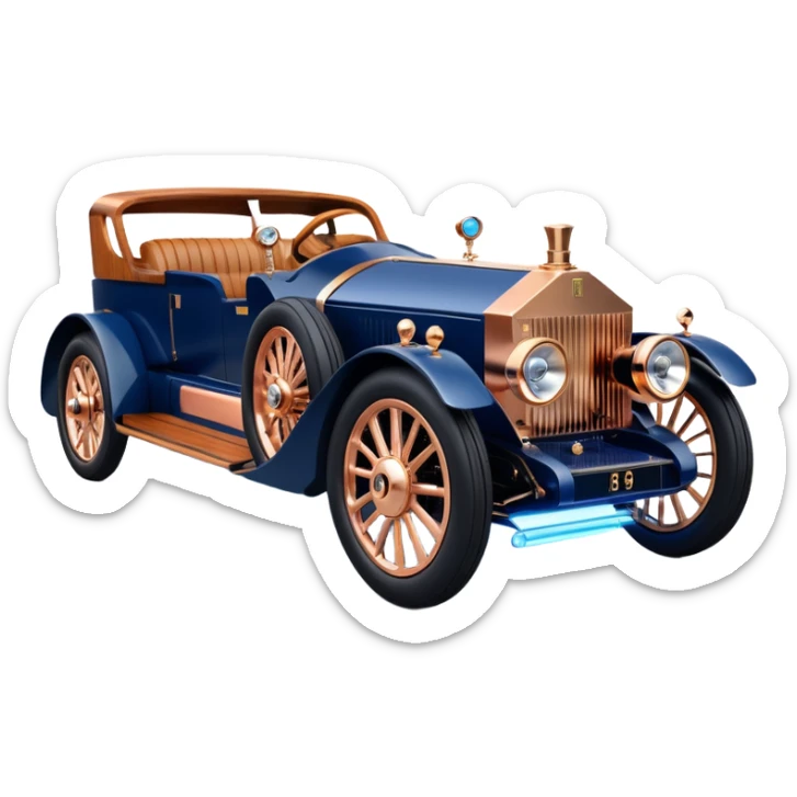 dark blue led lights on a hot rodded delicately inlaid rose gold and wood accentuated a chauffeur driven 1889 Rolls Royce futuristic electric plasma motors and dynamos with wide racing wheels that are strong agility advanced suspension and steering sticker