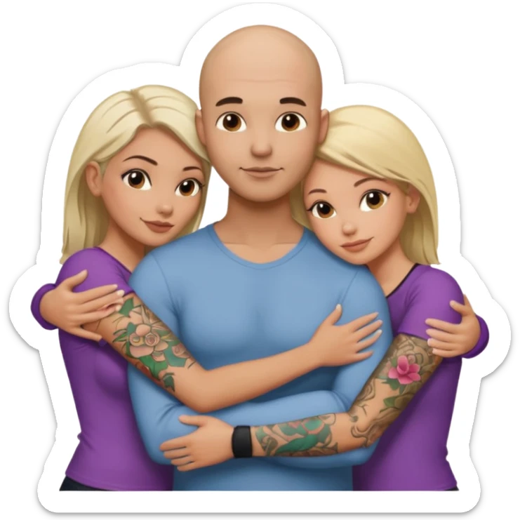 throuple tattooed sleeves bbald male with topless naked big boobed brunette and topless naked big boobed blonde girlfriends  loving  and sexy polygamy sticker