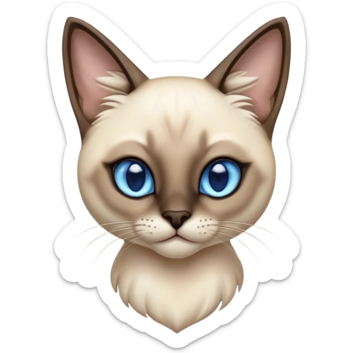 Cinematic Noble Siamese Cat Portrait Emoji, Poised and regal, with sleek cream-colored fur and striking dark points on the ears, face, paws, and tail, piercing sapphire-blue eyes, Simplified yet sharp and sophisticated features, highly detailed, glowing with a soft, dignified glow, high shine, intelligent and graceful, stylized with an air of elegance, focused and attentive, soft glowing outline, capturing the essence of a watchful and refined feline, so majestic it feels as though it could glide across the screen with effortless confidence! sticker