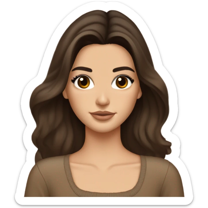 brunette Kendall Jenner with soft and long and brown hair her eyes brown and Holding a bouquet of tulips Her hair is wavy and shiny With brown sweater just one  sticker