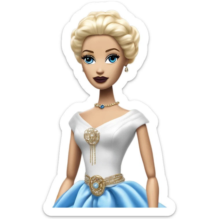 Tall realistic face teen blond Morticia Addams’s in as Princess Leia Barbie in ruffled pearl-white and blue informal ball gown with gold accents and accessories  sticker