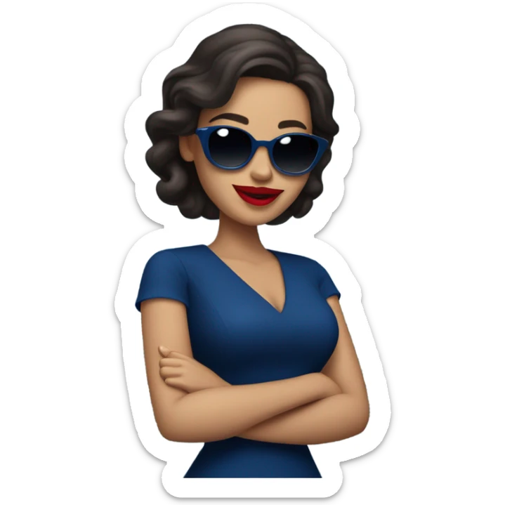 
brunette in dark blue sunglasses, with red lips and in a dark blue dress shows a thumbs up sticker