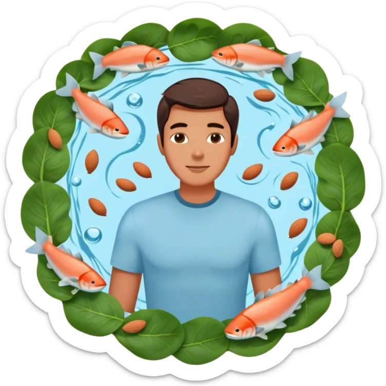 Relaxed floating man surrounded by circling foods: pieces of salmon, dark chocolate, almonds, and spinach leaves. These omega-3 and magnesium-rich foods glow softly as they orbit around him, creating a peaceful, weightless atmosphere. sticker