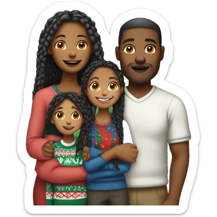 Black family of four members with Dad, Mom, Son, and Daughter. The Son and Daughter are teenagers. The Mom has braids. The Dad is light skinned.All family members are wearing Christmas sweaters and Santa hats.  sticker